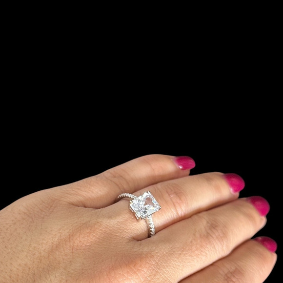 Elegant Women's Engagement Ring with Emerald-Shaped Cubic ZirconiaTimeless - Picture 9 of 13